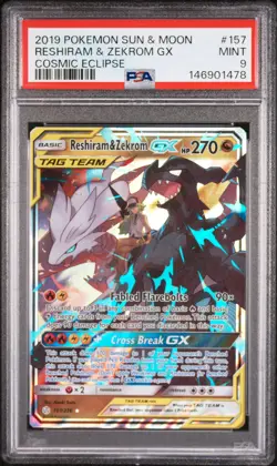 2019 POKEMON SUN & MOON COSMIC ECLIPSE #157 RESHIRAM & ZEKROM GX PSA 9 - Image 1