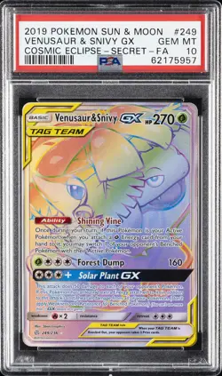 2019 POKEMON SUN & MOON COSMIC ECLIPSE #249 FULL ART/VENUSAUR & SNIVY GX PSA 10 - Image 1