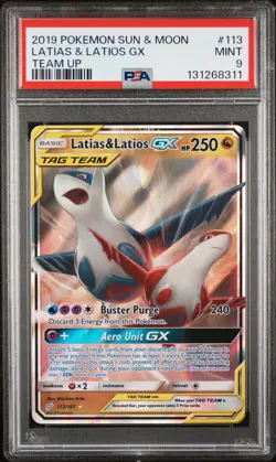 2019 POKEMON SUN & MOON TEAM UP #113 LATIAS & LATIOS GX PSA 9 - Image 1