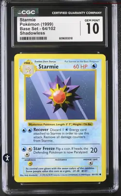 CGC 10 Starmie 64/102 Shadowless Base Set 1999 Pokemon Card - Image 1