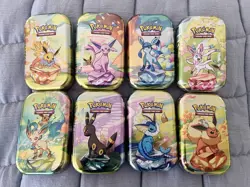 EMPTY Pokemon Prismatic Evolutions 8 Mini Tin Set Complete W/ Coins & Art Cards - Image 1