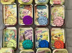 EMPTY Pokemon Prismatic Evolutions 8 Mini Tin Set Complete W/ Coins & Art Cards - Image 2