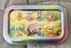 EMPTY Pokemon Prismatic Evolutions 8 Mini Tin Set Complete W/ Coins & Art Cards - Image 3