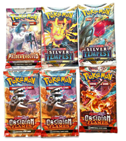 (6) Pokemon Booster Packs SEALED Paldea Evolved Silver Tempest Obsidian Flames - Image 1
