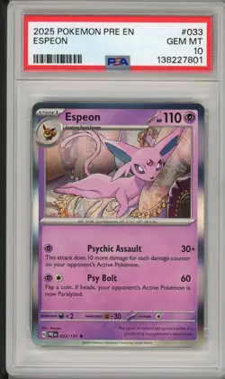 2025 Pokemon Prismatic Evolutions Espeon #033 PSA 10 - Image 1