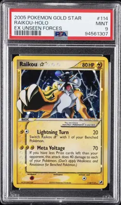 2005 POKEMON EX UNSEEN FORCES GOLD STAR #114 RAIKOU-HOLO PSA 9 - Image 1