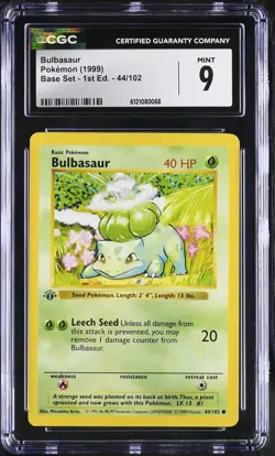 Bulbasaur #44/102 1999 Pokemon Base Set 1st Edition Shadowless CGC 9 Mint - Image 1