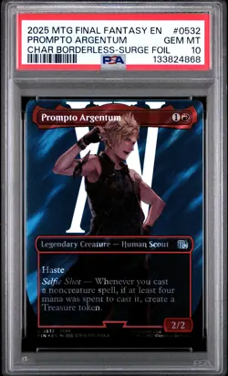 2025 MTG FINAL FANTASY CHARACTER BORDERLESS-SURGE FOIL PROMPTO ARGENTUM PSA 10 - Image 1