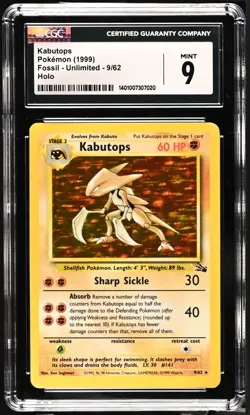 CGC 9 Kabutops Pokemon (1999) Fossil Unlimited Holo 9/62 - Image 1