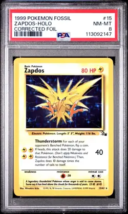 1999 Pokemon Fossil Zapdos Holo Corrected Foil 15/62 PSA 8 - Image 1