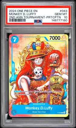 Monkey D. Luffy PSA10 2024 One Piece Promos 2nd Ann Tournament-Prtcptn #043 - Image 1