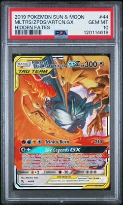 2019 POKEMON SUN & MOON HIDDEN FATES #44 MOLTRES & ZAPDOS & ARTICUNO GX PSA 10 - Image 1