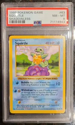 1999 POKEMON Base Set SHADOWLESS SQUIRTLE PSA 8 NM-MINT #63/102 - Image 1