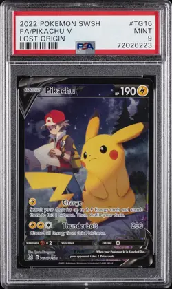 2022 POKEMON SWORD & SHIELD LOST ORIGIN #TG16 FULL ART/PIKACHU V PSA 9 - Image 1
