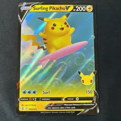 Pokemon TCG Surfing Pikachu v Celebrations Holo Ultra Rare Card 008/025 - Image 1