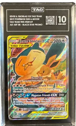 Tag 10 (ranked #1) Eevee & Snorlax GX SM169 Sm Holo Promo Pokemon Card - Image 1
