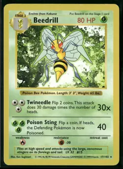 1999 Pokemon Base Set Beedrill 17/102 Shadowless Rare English - Image 1