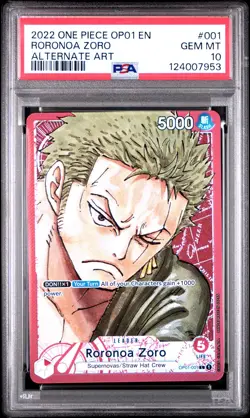 2022 ONE PIECE OP01-ROMANCE DAWN #001 RORONOA ZORO ALTERNATE ART PSA 10 - Image 1