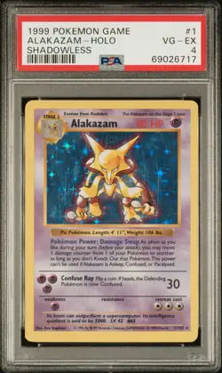 1999 POKEMON GAME BASE SET SHADOWLESS #1 ALAKAZAM-HOLO PSA 4 - Image 1