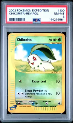 2002 POKEMON EXPEDITION #100 CHIKORITA-REVERSE FOIL PSA 8 - Image 1
