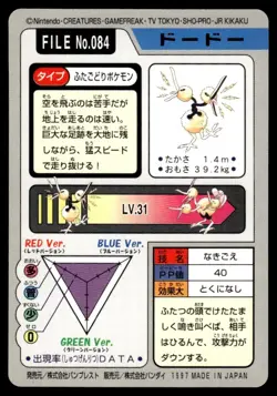 Doduo 084 Carddass Japanese Pokemon Card ~ Light Play - Image 2
