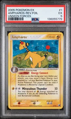 2005 POKEMON EX UNSEEN FORCES #1 AMPHAROS-REVERSE FOIL PSA 5 - Image 1