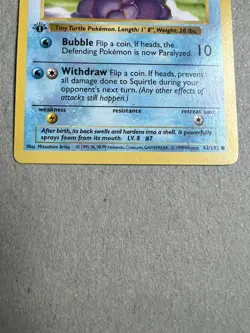 1999 Pokemon, Base Set Shadowless, #63/102 Squirtle, 1st Edition Bleed Error - Image 3
