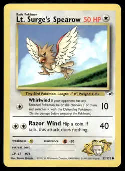Pokemon Cards Lt. Surge's Spearow 83/132 UNLIMITED Gym Heroes WOTC NM *2 - Image 1