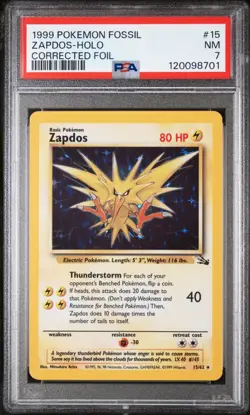 1999 POKEMON FOSSIL #15 ZAPDOS-HOLO CORRECTED FOIL PSA 7 - Image 1