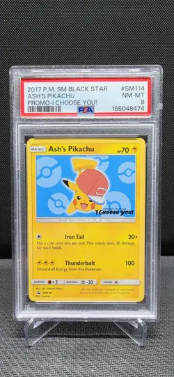 2017 Pokemon S&M Black Star Promo ASH'S PIKACHU I Choose You! Card SM114 PSA 8 - Image 1