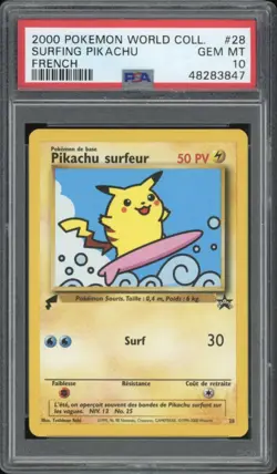 2000 Pokemon FRENCH World Collection Promo Pikachu Surfeur-Surfing 28 PSA 10 GEM - Image 1