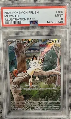 Meowth 106/094 Illustration Rare 2025 Pokemon Phantasmal Flames PSA 9 Mint - Image 1