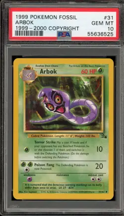 Pokemon Arbok 1999-2000 Copyright Fossil Unlimited #31 PSA 10 Gem Mint - Image 1