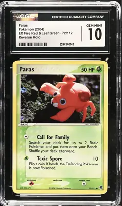 CGC 10 GEM MINT Paras EX Fire Red & Leaf Green 72/112 Reverse Holo Pokemon Card - Image 1