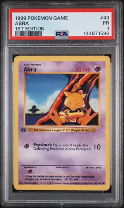 1999 POKEMON BASE SET 1ST EDITION #43 ABRA PSA 1 - Image 1