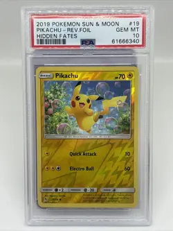 2019 POKEMON SUN & MOON HIDDEN FATES #19 PIKACHU-REVERSE FOIL PSA 10 - Image 1