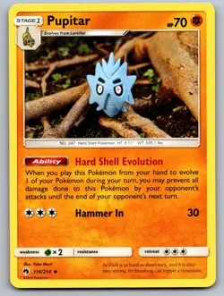 Pupitar 116/214 Uncommon Lost Thunder Pokemon Near Mint Yuka Morii Clay Art - Image 1