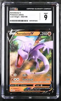 CGC Graded 9 Mint Aerodactyl V 092/196 Lost Origin Pokemon Card - Image 1