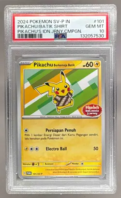 2024 Pokemon SV Journey Promo Indonesian 101 Pikachu Batik Shirt PSA 10 7530 - Image 1