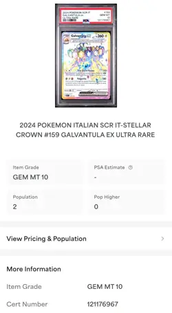 2024 Pokemon Stellar Crown GALVANTULA EX Ultra Rare #159 ITALIAN PSA 10 POP 2 💎 - Image 3
