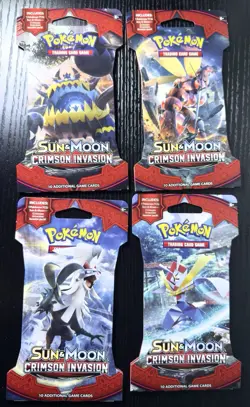 4x Pokemon Sun and Moon Crimson Invasion Booster Pack Full Art Set sleeved 820650802492 - Image 1