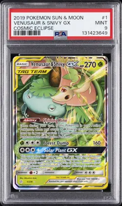 2019 POKEMON SUN & MOON COSMIC ECLIPSE #1 VENUSAUR & SNIVY GX PSA 9 - Image 1