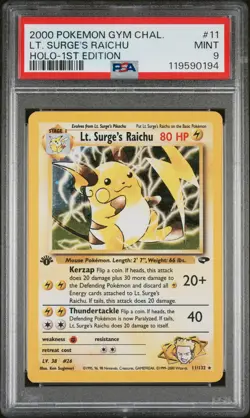 2000 POKEMON GYM CHALLENGE HOLO-1ST EDITION #11 LT. SURGE'S RAICHU PSA 9 - Image 1