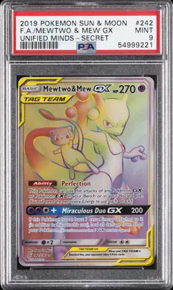 2019 POKEMON SUN & MOON UNIFIED MINDS SECRET #242 FULL ART/MEWTWO & MEW GX PSA 9 - Image 1