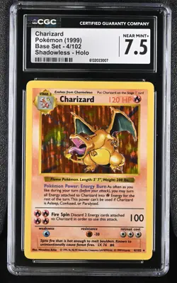 CGC 7.5 NEAR MINT+ Charizard 4/102 Base Set Shadowless Holo Pokemon Card - Image 1