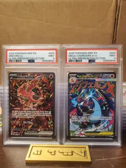 Pokemon 2025 Charizard UPC Set Mega Charizard #23 PSA 9 & Oriocorio #24 PSA 9 - Image 1