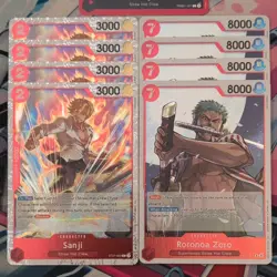 4 x One Piece Sanji ST21-003 C Foil & 4 x Roronoa Zoro OP14-015 R + 1x PRB01-001 - Image 2