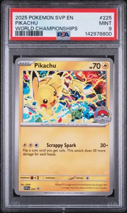 2025 POKEMON SVP EN-SV BLACK STAR PROMO WORLD CHAMPIONSHIPS #225 PIKACHU PSA 9 - Image 1