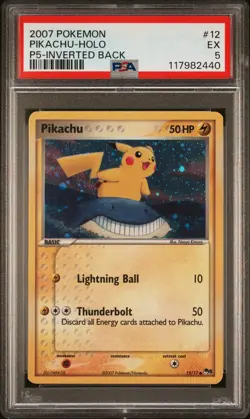 2007 Pokemon Pop Series 5 Pikachu #12 P5 Holo Inverted Back PSA 5 Misprint - Image 1