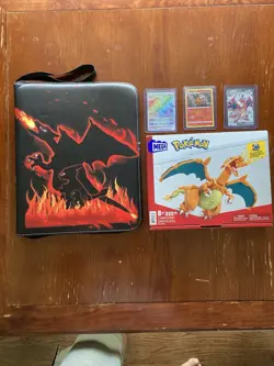 Pokemon Charizard Lot- 3 cards, Charizard Binder, Charizard Mega Construx - Image 1
